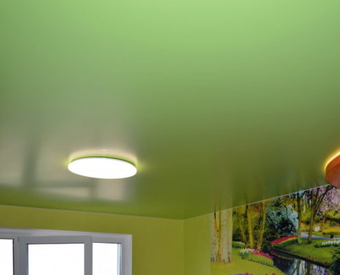 зеленый натяжной потолок с освещением
